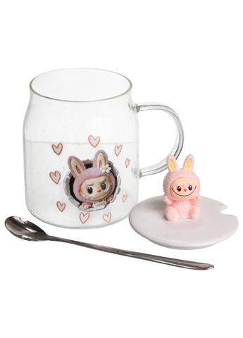 Чашка скляна Labubu 600 мл з ложкою і порцеляновою кришкою, рожевий Yiwu (367724705)