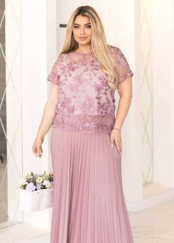 Розовая прозрачная блуза с вышивкой на подкладке с баской Tik-Tak