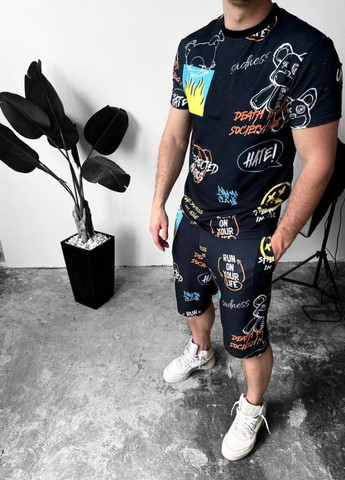 Чорний комфортний чоловічий літній спортивний костюм-двійка з яскравим дизайном No Brand (295262557)