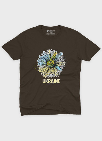 Коричнева літня жіноча футболка з патріотичним принтом квіти (ts001-5-dch-005-1-119-f) Modno