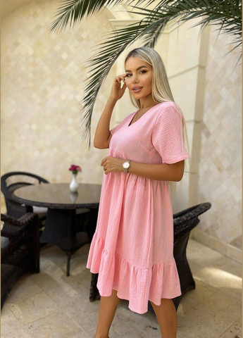 Рожева коктейльна, повсякденний, джинсова, вечірня, кежуал сукня з жатки «сонячна ніжність» INNOE однотонна