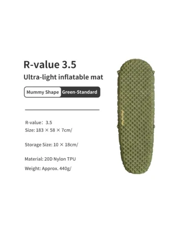 Матрас надувной туристический нейлоновый 183х58х7 см зеленый Naturehike (393510556)