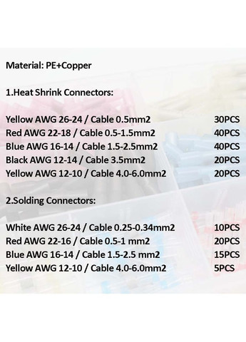 Термозбіжні трубки, гільзи / припій олово / захист від води / 0.25 - 6.00 mm2 / набір 200 шт. No Brand (322568033)
