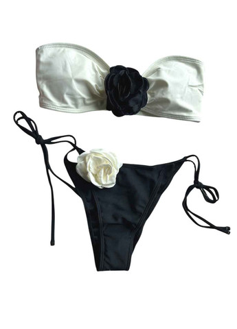 Черный демисезонный купальник раздельный кремовый лиф черные плавки с розами бикини No Brand 7011