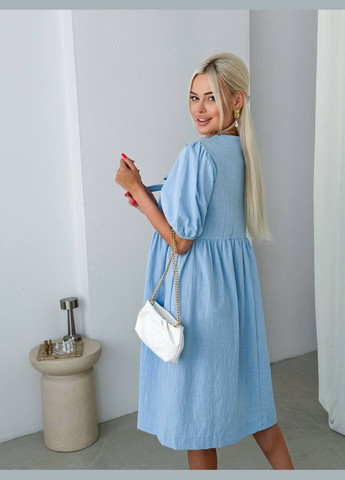 Голубое повседневный, праздничный женское летнее льняное платье миди оверсайз Style Point однотонное