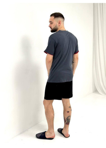 Мужская котоновая графитовая пижама с черными шортами / Домашний мужской костюм с коротким рукавом графит-черный No Brand (367610224)