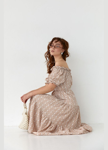 Кофейное повседневный летнее платье миди с открытыми плечами 6080 Lurex с цветочным принтом