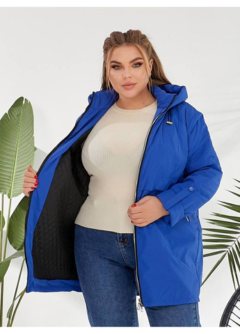 Синяя демисезонная демисезонная женская куртка удлиненного кроя с капюшоном. MonCher