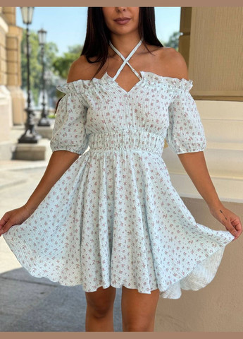 Світло-блакитна повсякденний, пляжна, кежуал жіноча сукня кльош FINO Mode з квітковим принтом