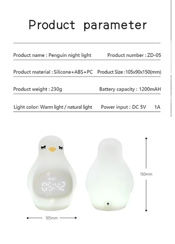 Акумуляторний нічник-будильник ZD-05, White у вигляді пінгвіна (Penguin Clock & Lamp) VHG (334305117)