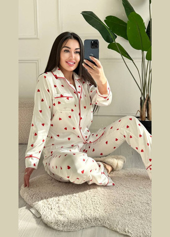 Біла всесезон піжама з принтом сорочка + брюки No Brand