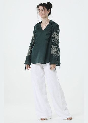 Зелёная длинная льняная женская вышиванка с широким рукавом и цветочной вышивкой аннета. зеленый, р.48, код 9470/48/1330 ГАЛЕРЕЯ ЛЬОНУ