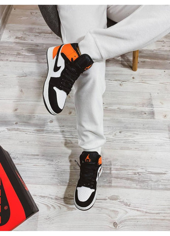 Черные зимние кроссовки мужские nike air jordan 1 retro high black white orange найк аир джордан No Brand