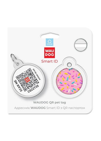Адресник для собак і котів металевий Smart ID з QR паспортом, малюнок "Маршмеллоу", коло, Д 30 мм WAUDOG (363199602)