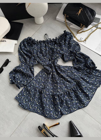 Синя повсякденний жіноча сукня міні у квітковий принт кльош Style Point з квітковим принтом