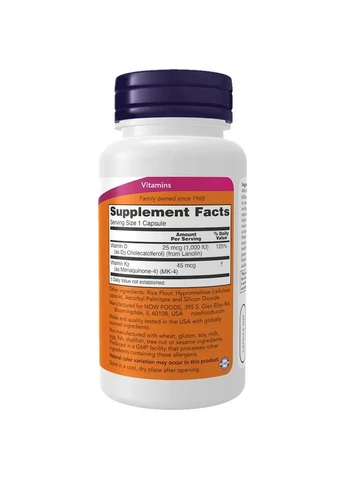 Вітамін Д3 і К2 Vitamin D-3 & K-2 1000 МО 120 капсул Now Foods (361116392)