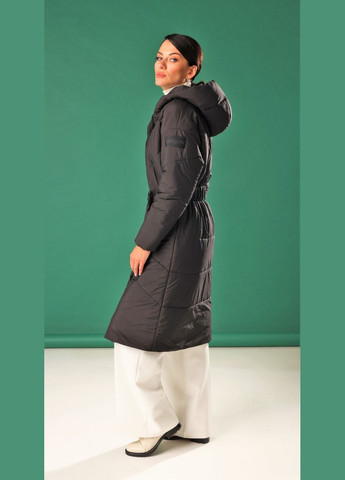 Чорне демісезонне Пальто-пуховик жіночий з капюшоном довгий зимовий чорний Marshal Wolf MKMM-58 Modna KAZKA