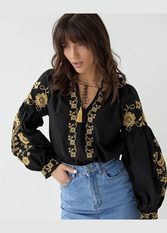 Чорна жіноча вишиванка з птахами бавовняна, рукав ліхтарик пташечки, розміри s-5xl (42-58) чорна з золотою вишивкою Po Fanu візерунок квітковий (330777549)