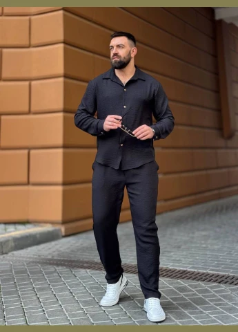 Чорний літній чоловічий костюм з сорочкою, брючний FINO Mode