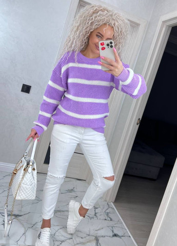 Лиловый демисезонный вязаный женский свитер в полоску. джемпер Allthings