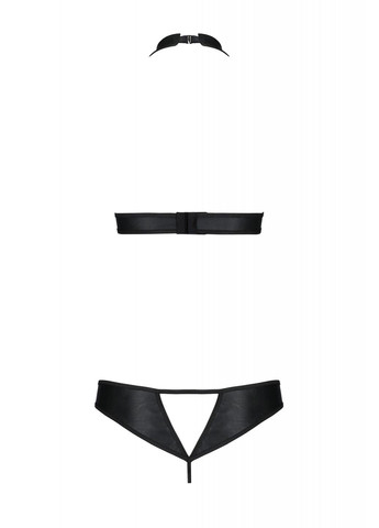 Комбінований демісезонний комплект із екошкіри malwia set with open bra 4xl/5xl black, топ та трусики з люверсами, /7xl Passion