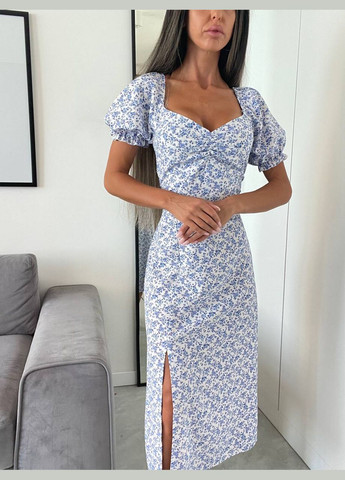 Блакитна вечірня, святковий, коктейльна, кежуал жіноча сукня з красивою спинкою блакитна No Brand з квітковим принтом