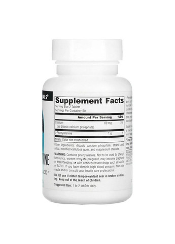 Амінокислота L-Phenylalanine 500 mg, 100 таблеток Source Naturals (293421818)