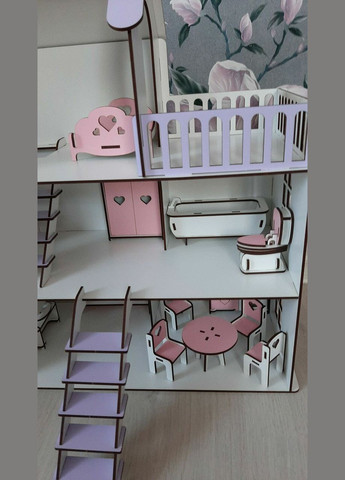 Деревянный детский кукольный самосборный домик для кукол, 5 комнат, с мебелью, с террасой и лестницей, с хдф No Brand (305220301)