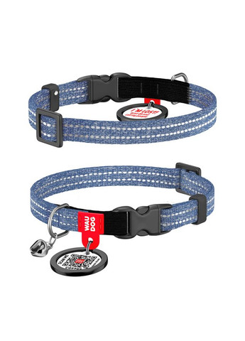 Ошейник для котов из восстановленного хлопка Re-cotton с QR паспортом, светоотражающий, XS, Ш 10 мм, Дл 20-30 см, синий WAUDOG (330245231)