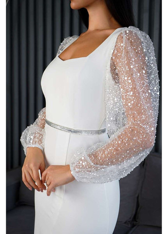 Молочна коктейльна сукня бісерні рукави 24084 молочна Tanita-Romario