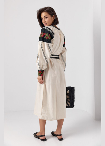 Бежевая женское платье миди с вышитыми розами - черный Lurex хлопок (324392644)