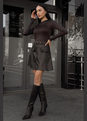 Темно-коричневая повседневная, кэжуал однотонная мини юбка из экокожи в шоколадном цвете Jadone Fashion