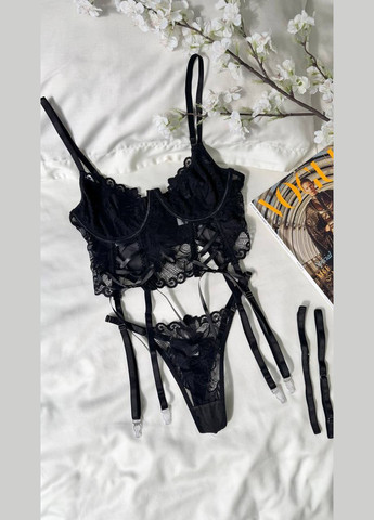 Черный корсетный комплект женского белья с гартерами Simply sexy