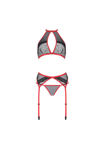 Комбинированный демисезонный комплект белья satara set l/xl red, топ, пояс для чулок, стринги Passion