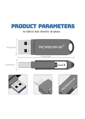 Флешка металева 2в1 USB-Lightning для iPhone, iPad, iPod, комп'ютера 32 GB Black Microdrive (297869207)