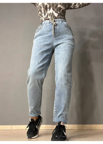Джинсы женские 10029 МОМ талия на резинке со шнурком стрейчевые увеличенные голубые I8 - (316116118)