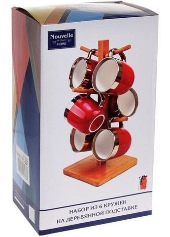 Чайный набор Золотая Линия 6 кружек 320мл бордо для чая и кофе подставка из бамбука для сервировки Bona (368987340)