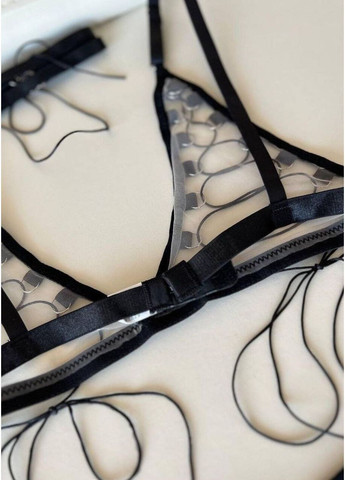 Чорний демісезонний жіночий прозорий комплект білизни на зав'язках з гартерами та чокером спокуслива нижня білизна з аксесуарами на мотузках Cindylove