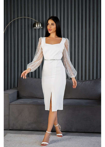 Молочна коктейльна сукня бісерні рукави 24084 молочна Tanita-Romario