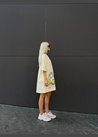 Кремова спортивна, повсякденний, кежуал жіноча сукня-футболка сукня-футболка No Brand з малюнком