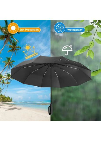 Чёрный прочный зонтик автоматический с антиветровыми спицами и ручкой-кольцом. (364273188)