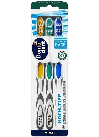 Набор зубных щеток средней жесткости, желтая, зеленая, синяя Mittel 3шт (1492976-34382698) Dontodent (368638765)