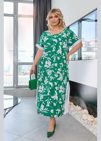 Зеленое повседневный летнее платье свободного кроя а-силуэт No Brand с цветочным принтом