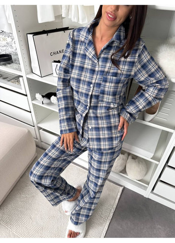 Синя всесезон жіноча піжама з фланелі в клітинку сорочка + брюки No Brand