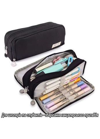 Пенал косметичка на три отделения на молнии, раскладной, для школьников и студентов, органайзер, черный 29375 No Brand (336186374)