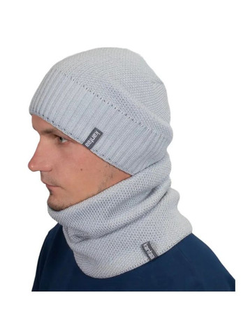 Мужской зимний комплект шапка с хомутом серый, вязаный набор One Size из акрила на флисовой подкладке No Brand (363052200)