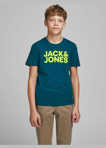 Морської хвилі демісезонна футболка для хлопця 12170474 морська хвиля з салатовим написом (152 см) Jack & Jones