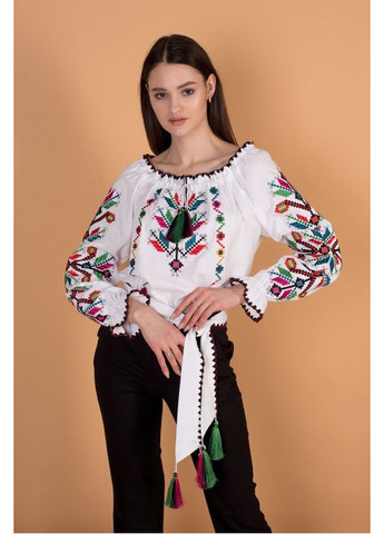 Белая женская вышиванка с ярким геометрическим орнаментом лен хлопок вискоза s–xl, l лен (300215945)