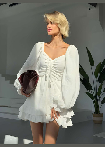 Білий святковий, коктейльна, карнавальний, повсякденний, кежуал, вечірня жіноча літня легка муслінова коротка сукня міні з рюшами весна літо коричнева шоколадна Larionoff однотонна