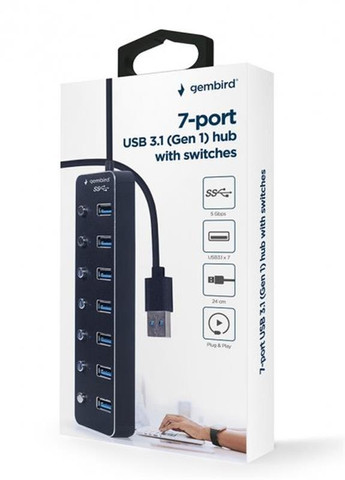Концентратор USB 3.0 7хUSB3.0, з вимикачами, пластик/метал, Black (UHB-U3P7P-01) Gembird (370619201)